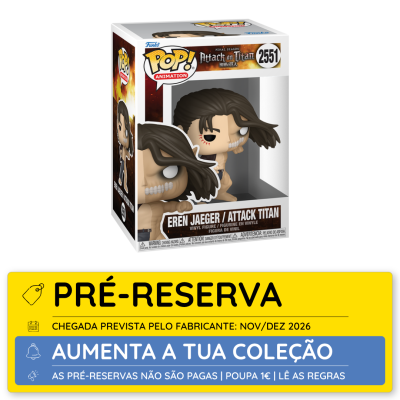 Funko Pop Animation Eren Jaeger/Attack Titan em caixa transparente com selo amarelo de pré-reserva.