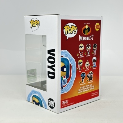 Caixa do Funko Pop! personagem Voyd número 509 com fundo vermelho e várias figuras da coleção Incredibles 2