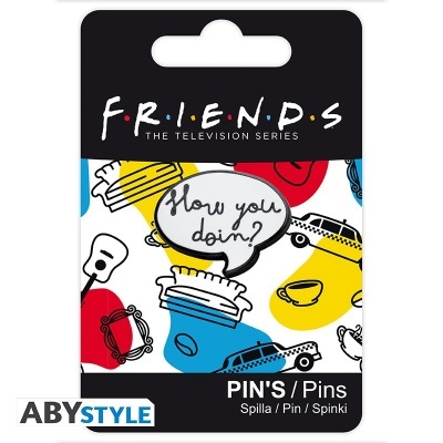 Embalagem de pin FRIENDS com design colorido e frase How you doin?.