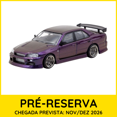 Miniatura de carro desportivo roxo com spoiler numa imagem promocional de pré-reserva.