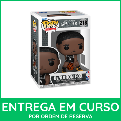 Boneco Funko Pop! DeAaron Fox NBA San Antonio Spurs dentro de caixa branca e cinzenta