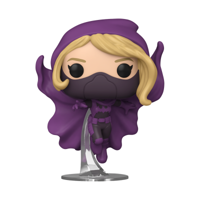 Funko Pop personagem feminina com capa roxa e máscara preta, cabelo loiro