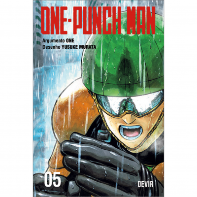 Capa do mangá ONE-PUNCH MAN volume 05 com personagem na chuva, capacete verde e luvas pretas