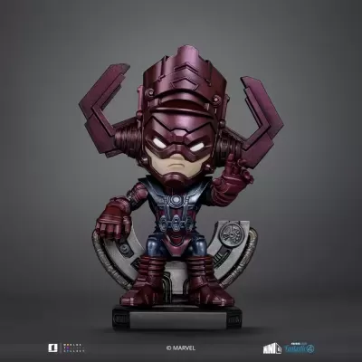 Figura colecionável do personagem Galactus da Marvel com capacete grande púrpura em fundo cinza