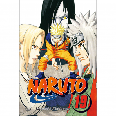 Capa do volume 19 da banda desenhada Naruto com personagens e título colorido