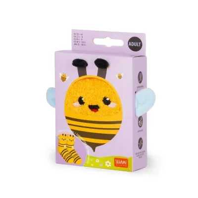 meias antideslizantes com design de abelha em embalagem lilás