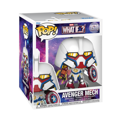Funko Pop Avenger Mech Marvel What If 1570 em caixa com fundo espacial