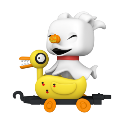 Figura decorativa de cão branco com nariz de abóbora num carrinho amarelo de pato com rodas laranja