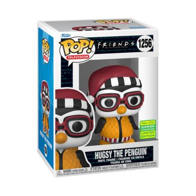Figura Funko Pop! Hugsy The Penguin Friends vinil com gorro vermelho e óculos pretos na caixa.