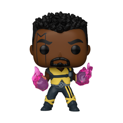 Boneco Funko Pop personagem masculino com tatuagem, fato amarelo e preto, e luvas de fogo púrpura