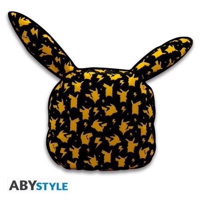 Almofada preta com padrão amarelo de Pikachu e raios, com orelhas, marca ABYSTYLE