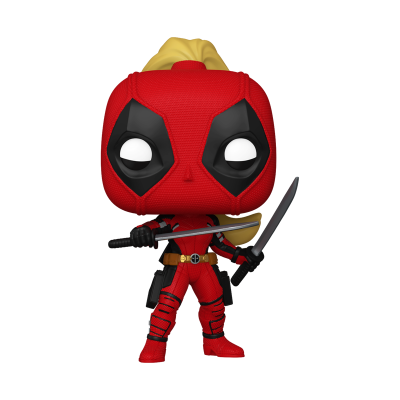 Figura Funko Pop de Deadpool com máscara vermelha e preta e espadas