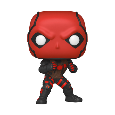 Figura Funko Pop com máscara vermelha e preta e roupa tática