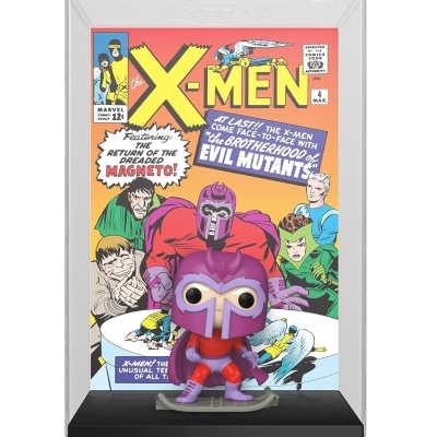 Figura Funko Pop do Magneto com fundo de capa de comic X-Men colorida