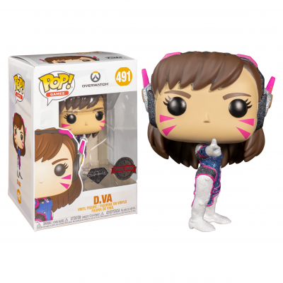 Figura de vinil Funko Pop! da personagem D.Va de Overwatch ao lado da caixa original.