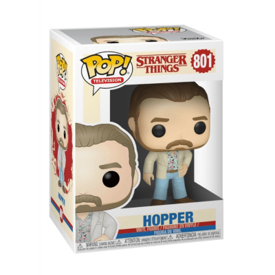 Funko Pop! de Hopper de Stranger Things dentro da caixa oficial com design branco, vermelho e amarelo.