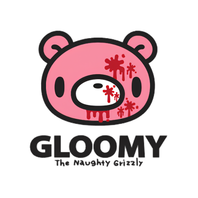 Desenho de urso cor-de-rosa com manchas vermelhas e texto GLOOMY The Naughty Grizzly