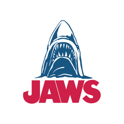 Logotipo do filme JAWS com tubarão azul e texto vermelho