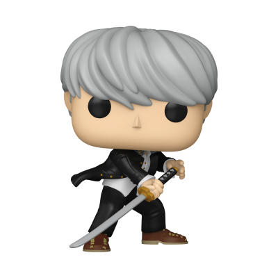 Figura Funko Pop com cabelo cinza claro e katana
