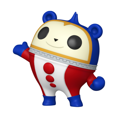 Figura colecionável ursinho colorido azul, vermelho e branco com três círculos vermelhos no corpo