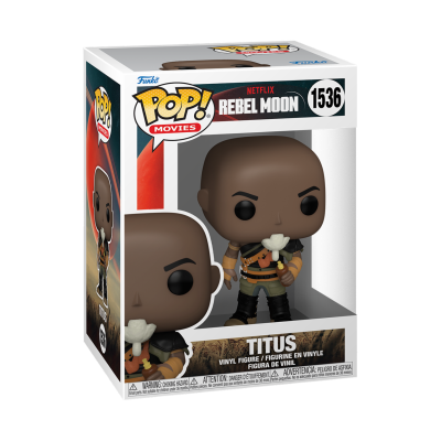 Figura Funko Pop! Titus da série Netflix Rebel Moon com roupa preta e laranja numa embalagem com janela