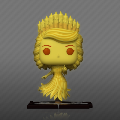 Figura colecionável Funko Pop amarela com vestido e coroa, sobre base preta