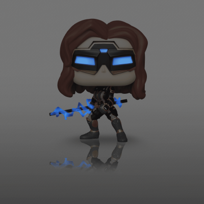 Figura colecionável Funko Pop com máscara e arma azul em fundo cinzento