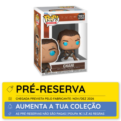 Funko Pop! Chani do filme Dune em caixa com aviso de pré-reserva em cores amarelo e azul