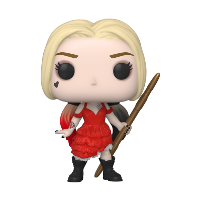 Figura Funko Pop feminina com vestido vermelho, cabelo loiro curto, botas pretas e bastão de madeira