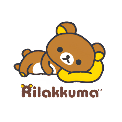 Desenho animado de urso castanho deitado sobre almofada amarela com texto Rilakkuma