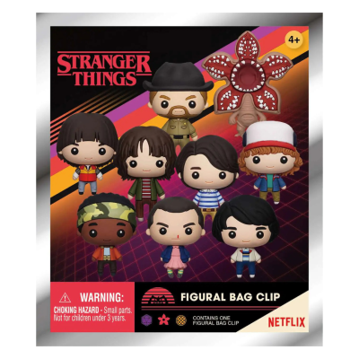 Figuras Stranger Things em clip decorativo com fundo colorido e texto