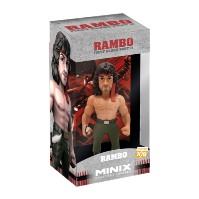 Boneco colecionável Rambo Minix em caixa com cores cinza, vermelho e preto.