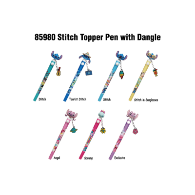 Canetas topo Stitch com adereços pendurados, cores e textos variados