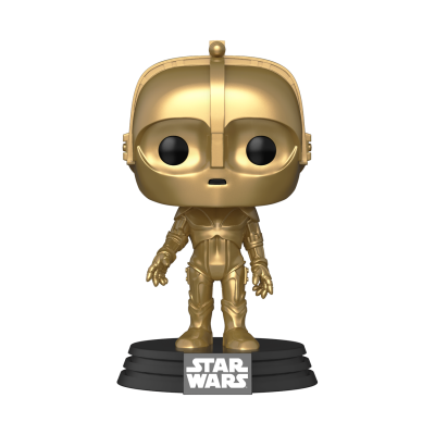 Figura Funko Pop dourada do personagem C-3PO de Star Wars em base preta com texto