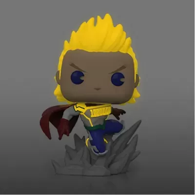 Figura Funko Pop de personagem com cabelo amarelo e capa vermelha em pose dinâmica