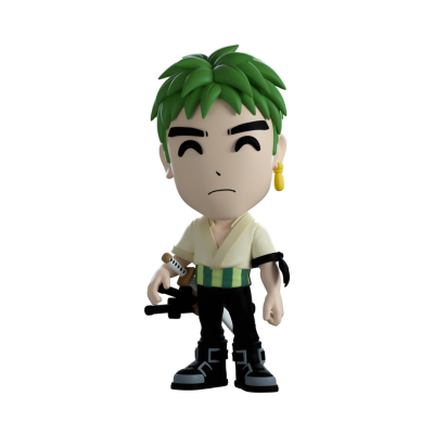 Figura colecionável estilizada de personagem com cabelo verde e roupa preta e creme