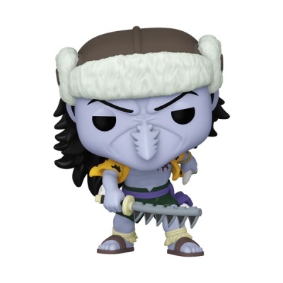 Figura colecionável Funko Pop personagem azul com espada em fundo branco