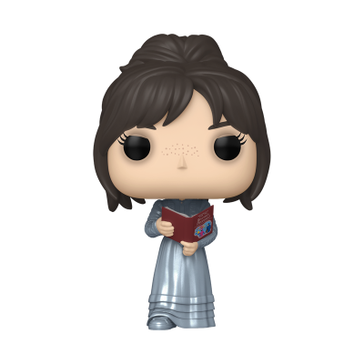 Funko Pop de personagem feminina com vestido prateado segurando um livro vermelho.