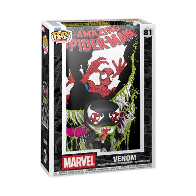 Boneco Funko Pop! Venom Marvel na caixa com design Amazing Spider-Man.
