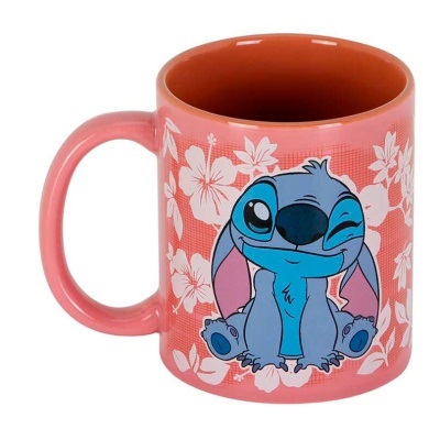 Caneca rosa com padrão de flores e personagem Stitch a piscar