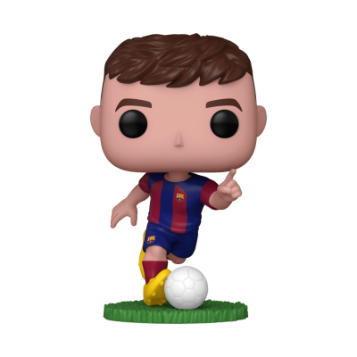Funko Pop de jogador de futebol com uniforme FC Barcelona e bola