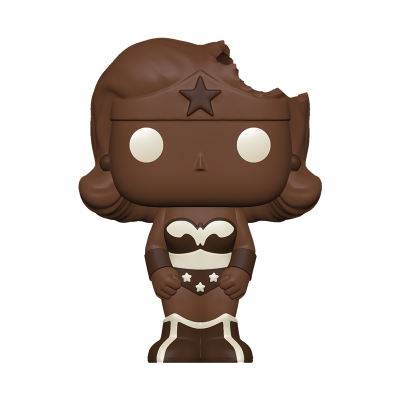 Boneco Funko Pop de chocolate de mulher super-heroína com cabeça mordida