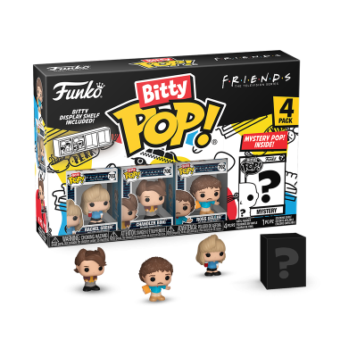 Caixa Funko Bitty Pop! FRIENDS com quatro figuras miniatura e embalagem colorida
