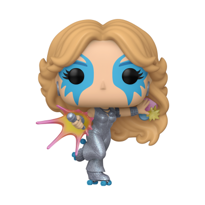 Figura Funko Pop de cantora em fato prateado com máscara azul no rosto e patins azuis