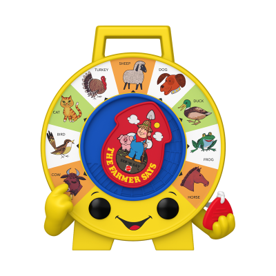 Relógio educativo amarelo com figuras de animais e texto THE FARMER SAYS.