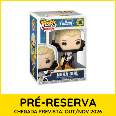 Figura POP! Games Fallout Nuka Girl em caixa translúcida com fundo amarelo anunciando pré-reserva