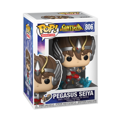 Figura Funko Pop Pegasus Seiya em caixa com armadura vermelha e capacete prateado