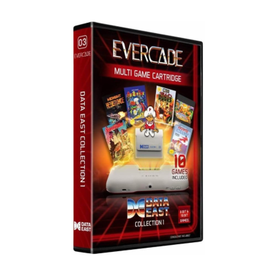 Caixa do Evercade Data East Collection 1 com 10 jogos incluídos e cartucho branco