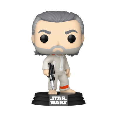 Figura Funko Pop Star Wars com fato branco, cabelo grisalho, barba e arma preta e branca