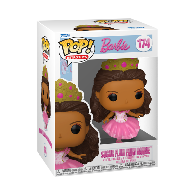Figura de vinil Funko Pop! Barbie número 174 com vestido rosa e coroa amarela dentro de caixa